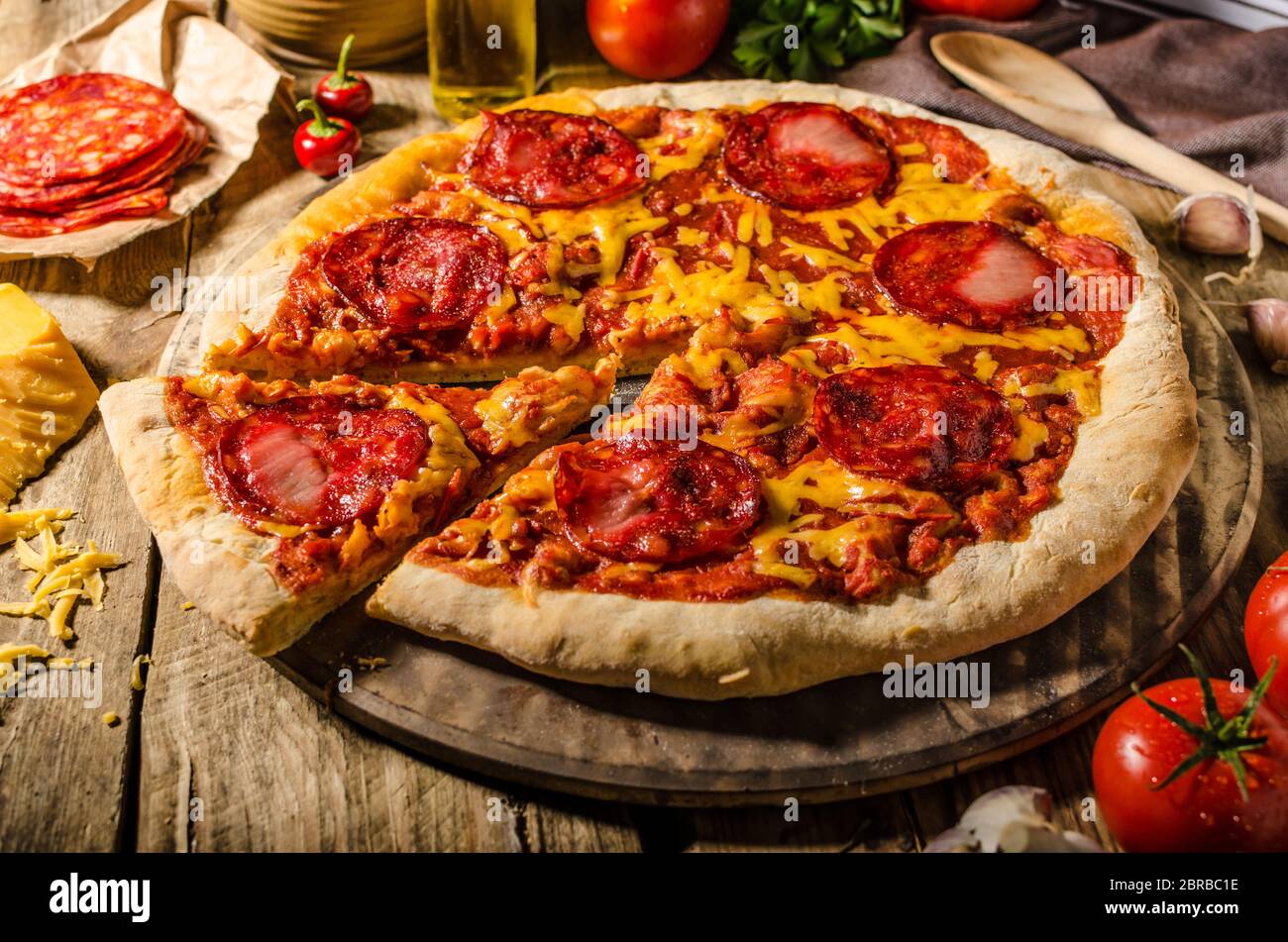 Rustic salami pizza with cheddar cheese and chorizo, delicious chorizo ...
