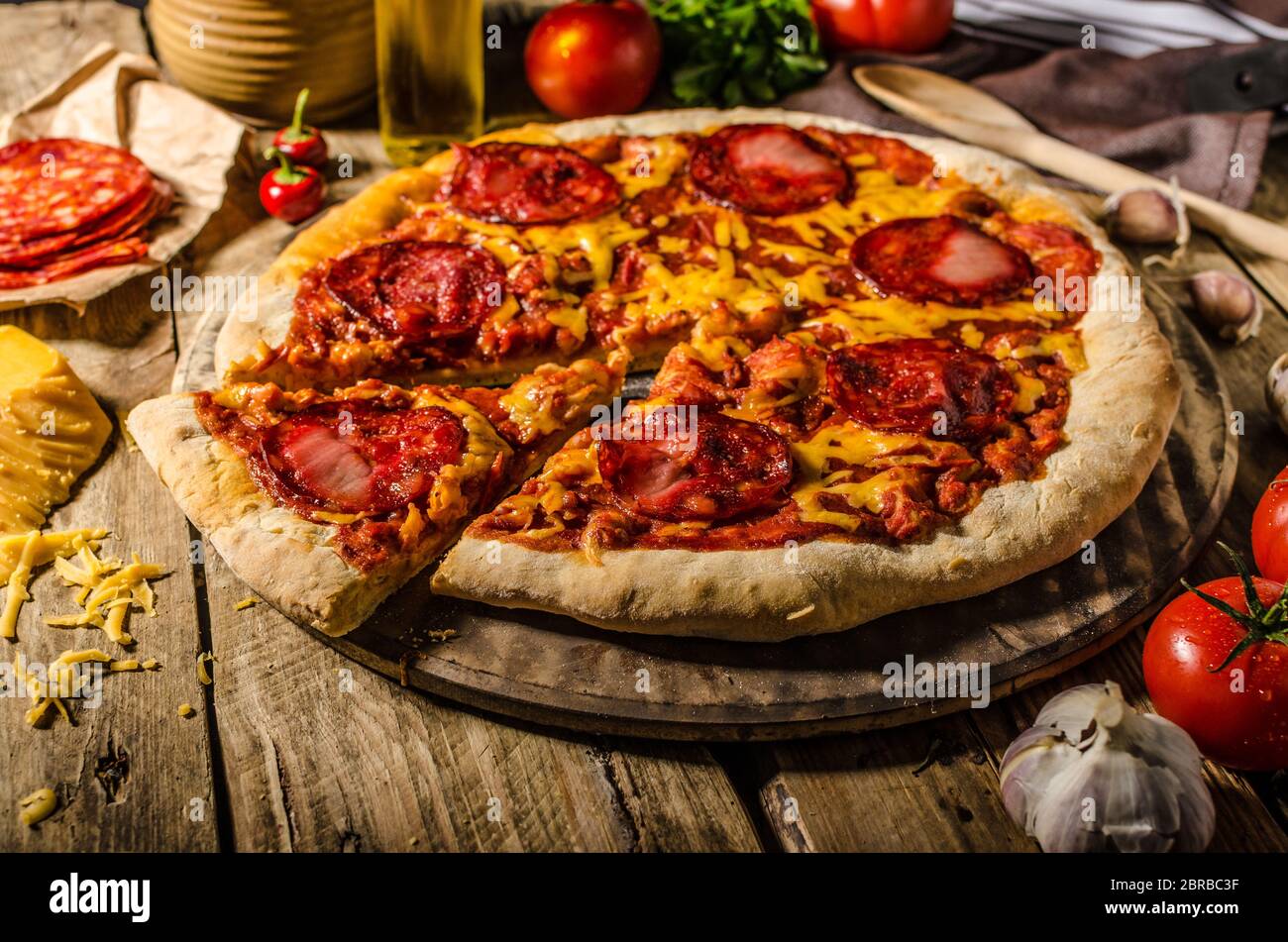 Rustic salami pizza with cheddar cheese and chorizo, delicious chorizo ...
