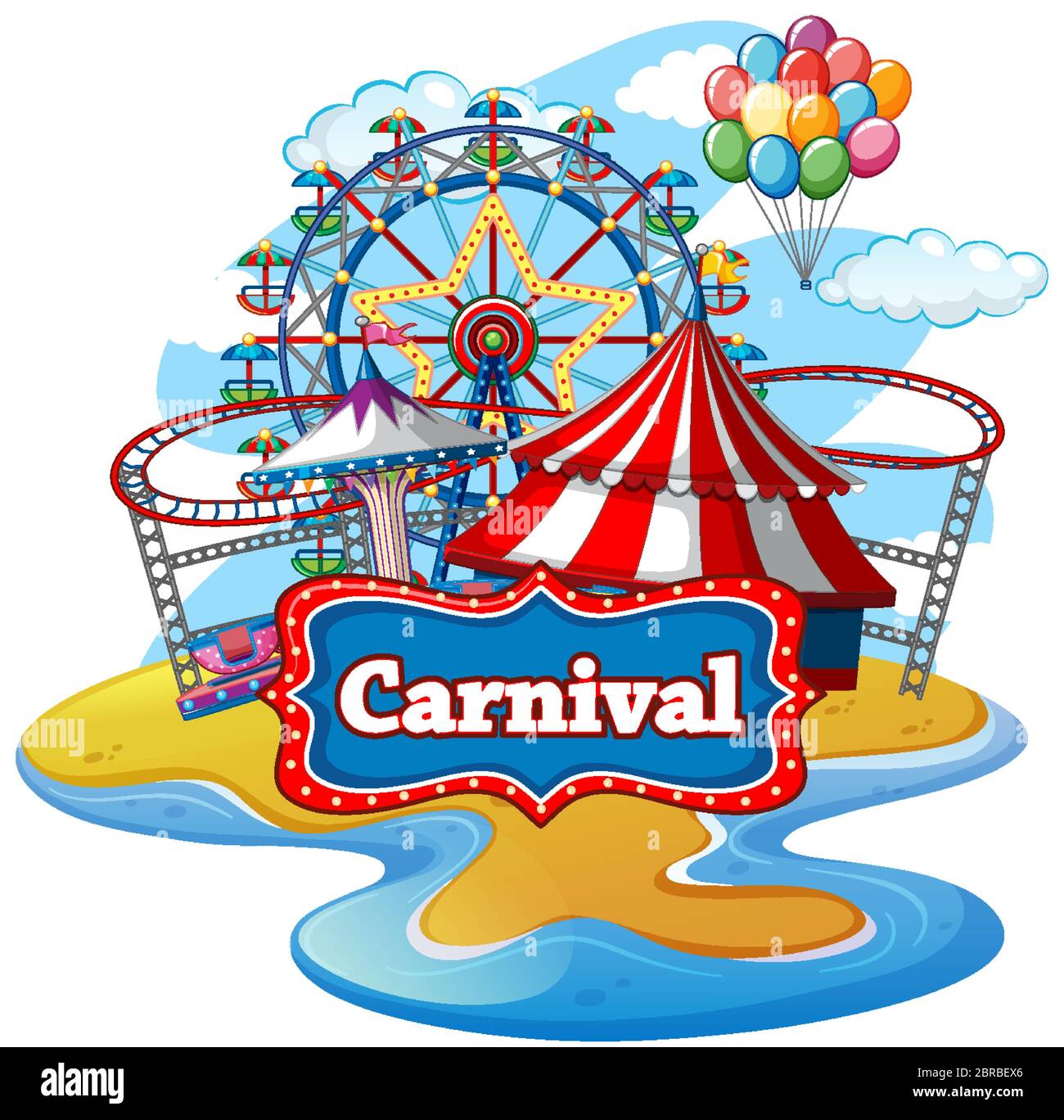 Scene with many rides at the carnival on white background illustration Stock Vector Image & Art