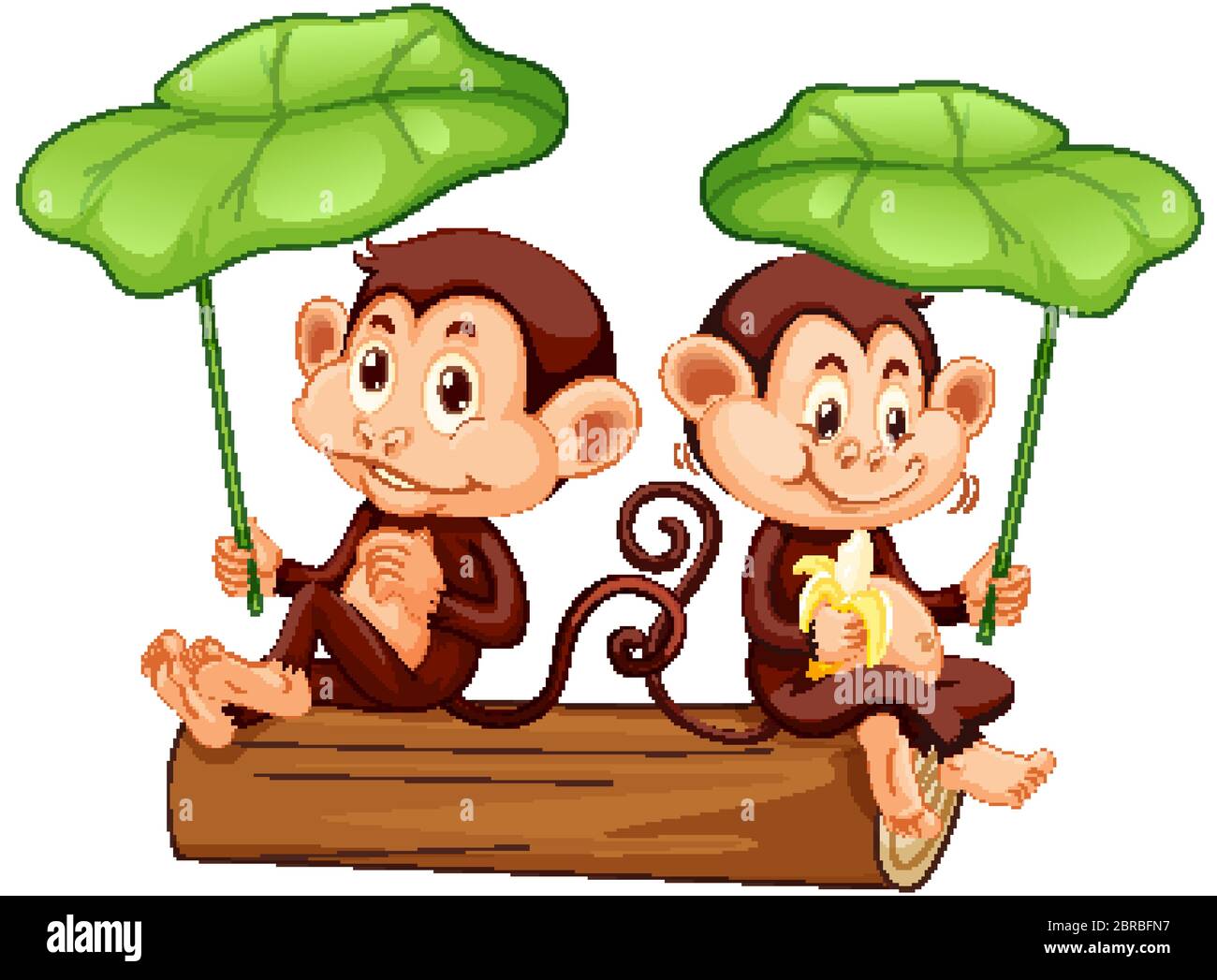 Two cute monkeys on the log with green leaves illustration Stock Vector