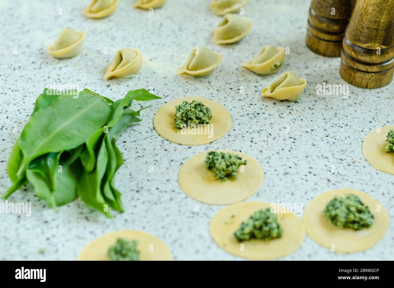 Making tortellini with cheese and bear garlic Stock Photo Alamy