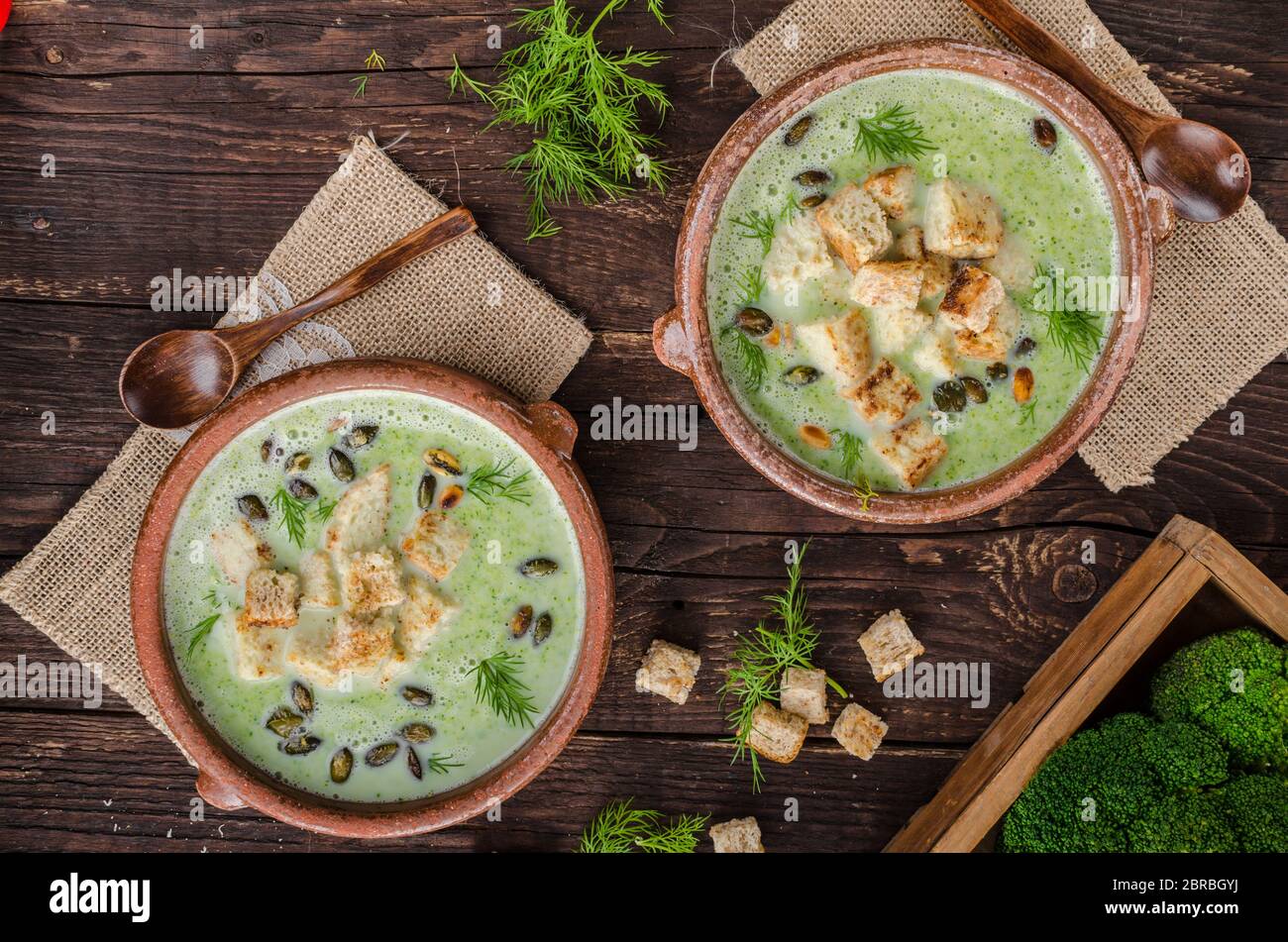 Broccoli soup vintage photography, delish soup simple to make Stock Photo