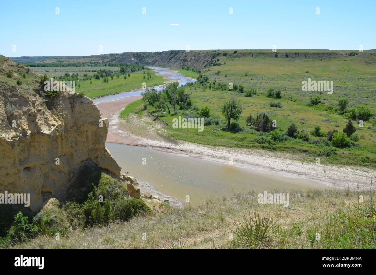 Spring in the North Dakota Badlands: Overlooking Beef Corral Wash on the Little Missouri River in the South Unit of Theodore Roosevelt National Park Stock Photo