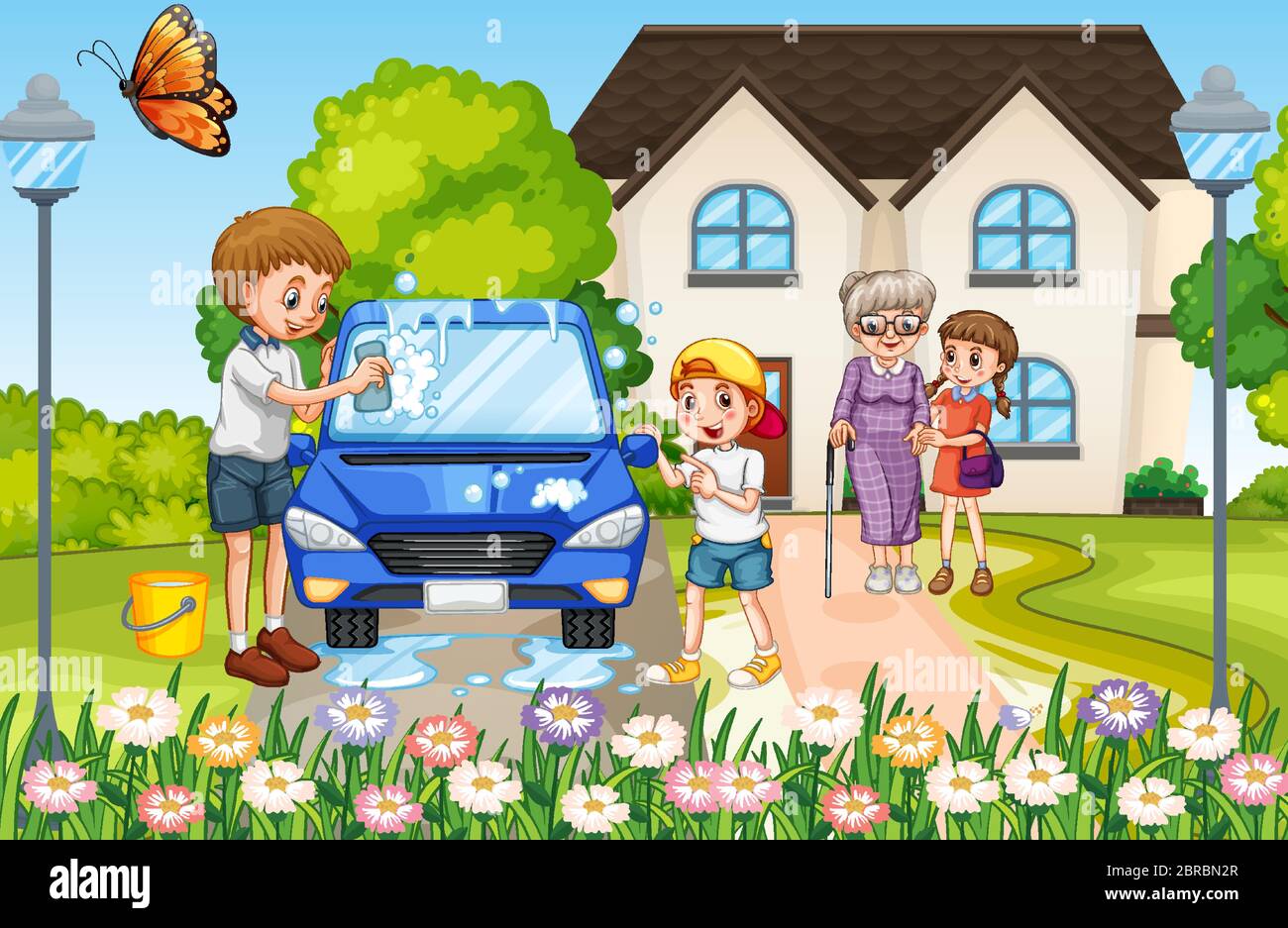 Happy family in front of the house illustration Stock Vector Image ...