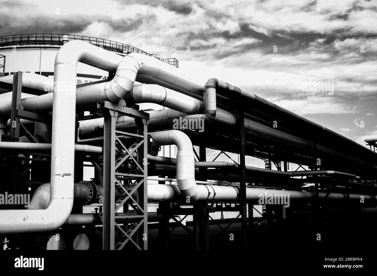 Pipeline and pipe rack of petroleum industrial plant. Offshore Industry oil and gas production