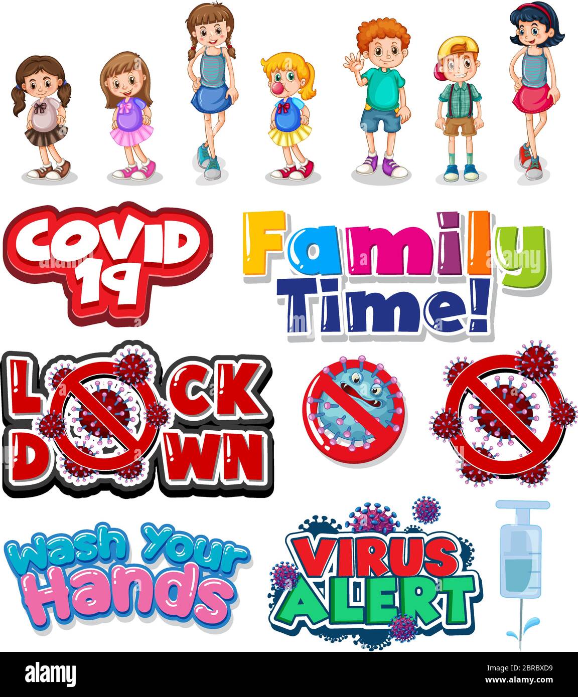 Member of family and coronavirus sign and symbol in cartoon style ...