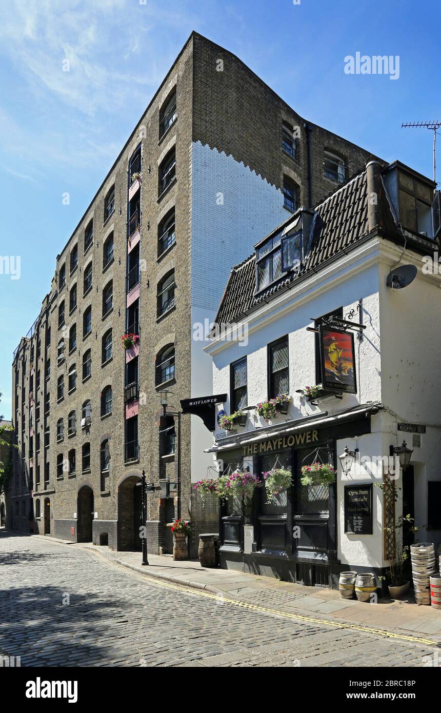 The Mayflower pub on Rotherhithe Street in south east London. A traditional Public House on the River Thames surrounded by Victorian warehouses. Stock Photo