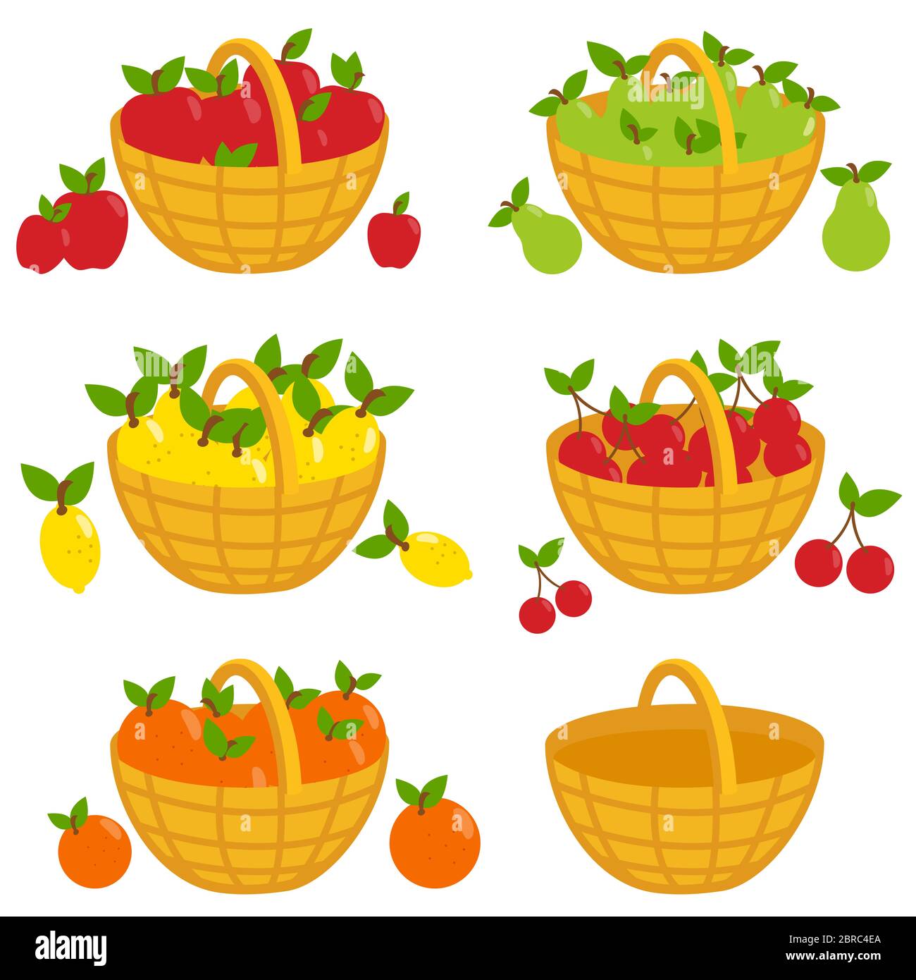 Set of fruits in baskets. Apples, pears, lemons, cherries, oranges and an empty basket. Stock Photo