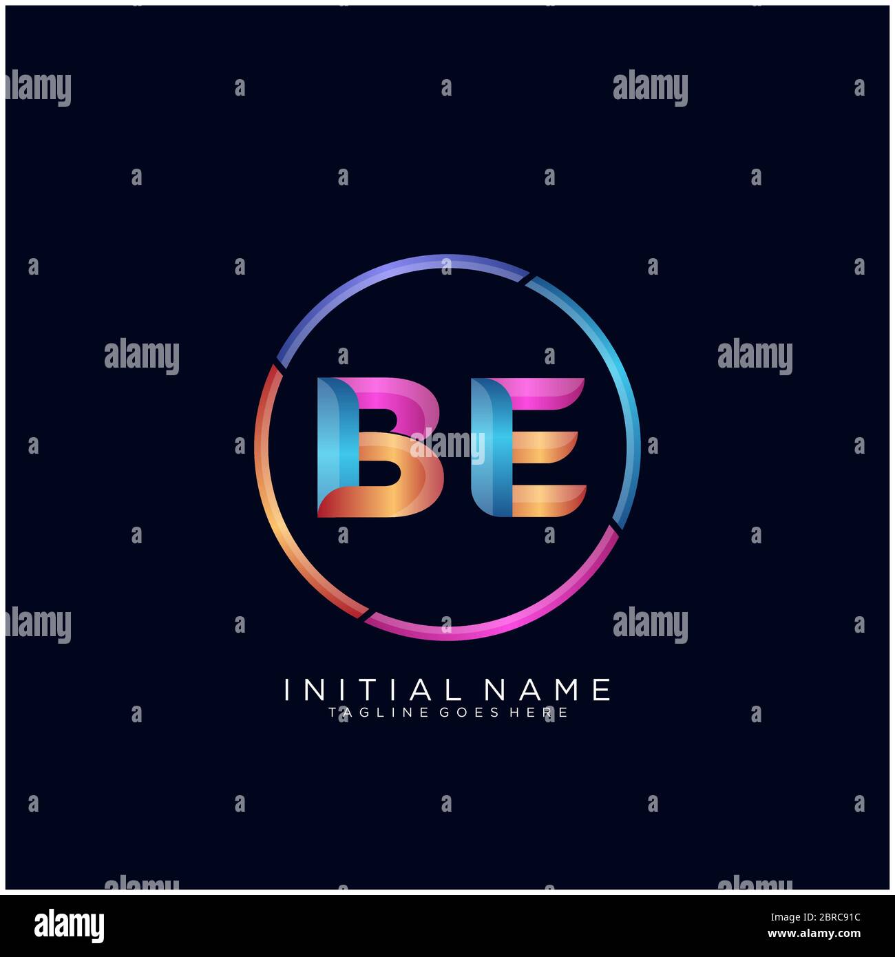 Initial letter BE curve rounded logo, gradient vibrant colorful glossy colors on black background Stock Vector