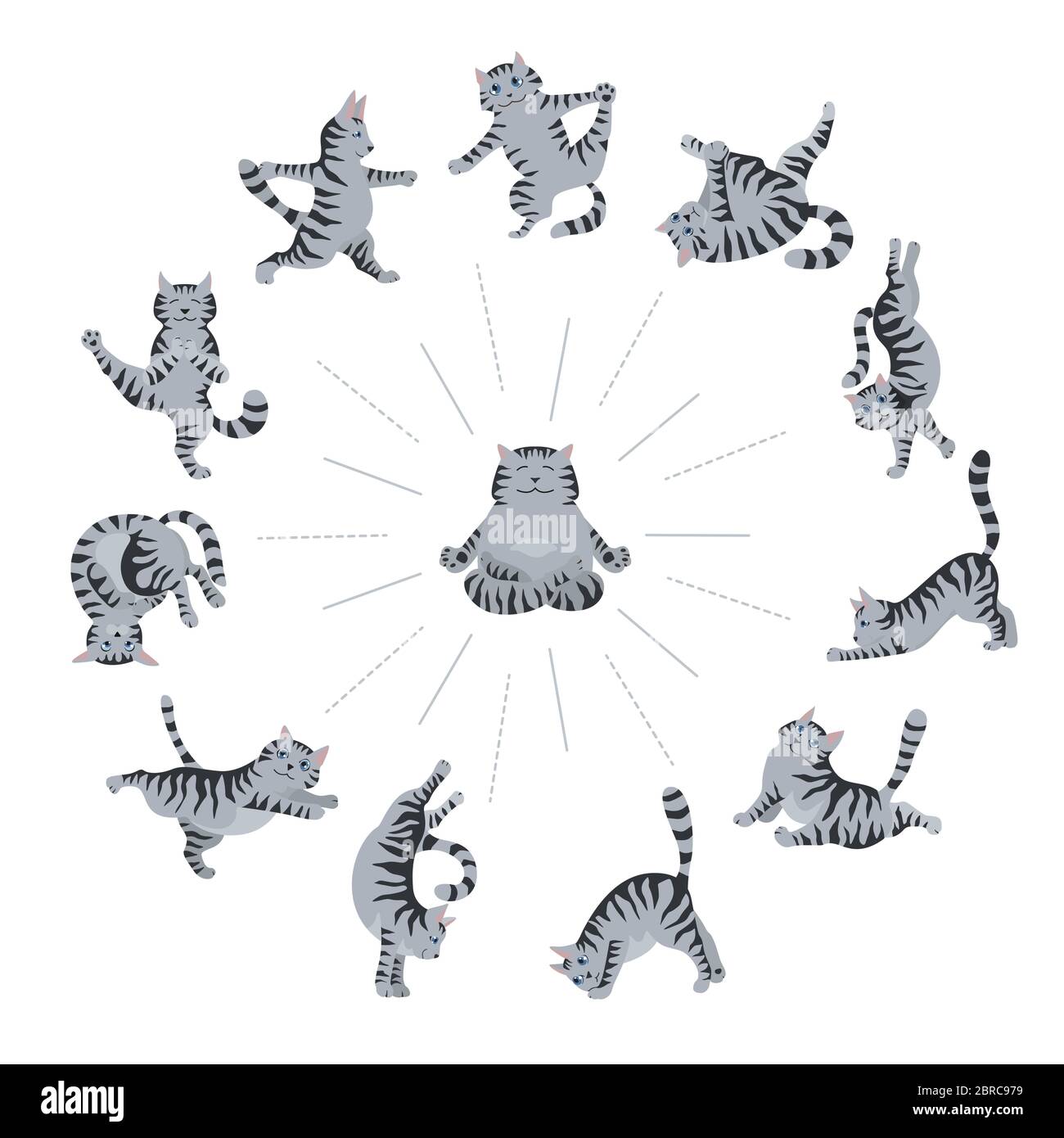 Cats yoga. Different yoga poses and exercises. Striped and tabby cat colors. Vector illustration Stock Vector