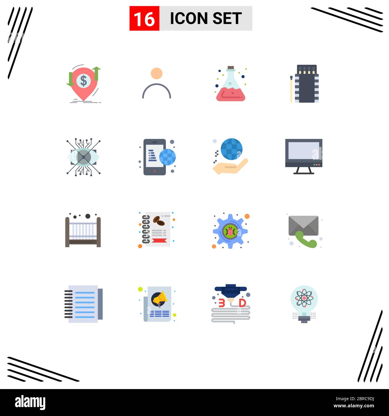 Universal Icon Symbols Group of 16 Modern Flat Colors of bonfire, camping, user, matches, acid Editable Pack of Creative Vector Design Elements Stock Vector