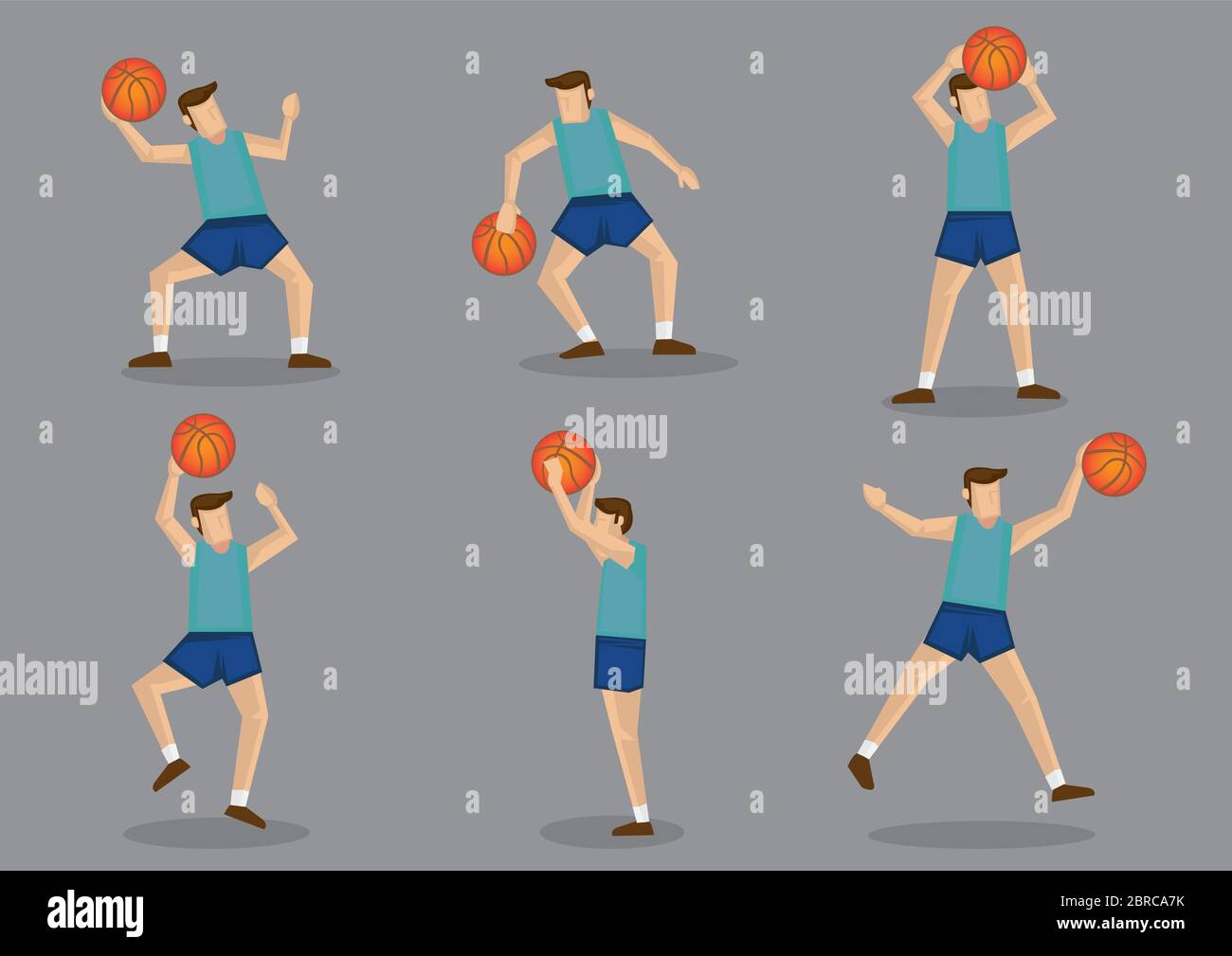 Basketballer in green jersey and blue shorts jumping, aiming, shooting and throwing basketball vector cartoon illustration. Stock Vector