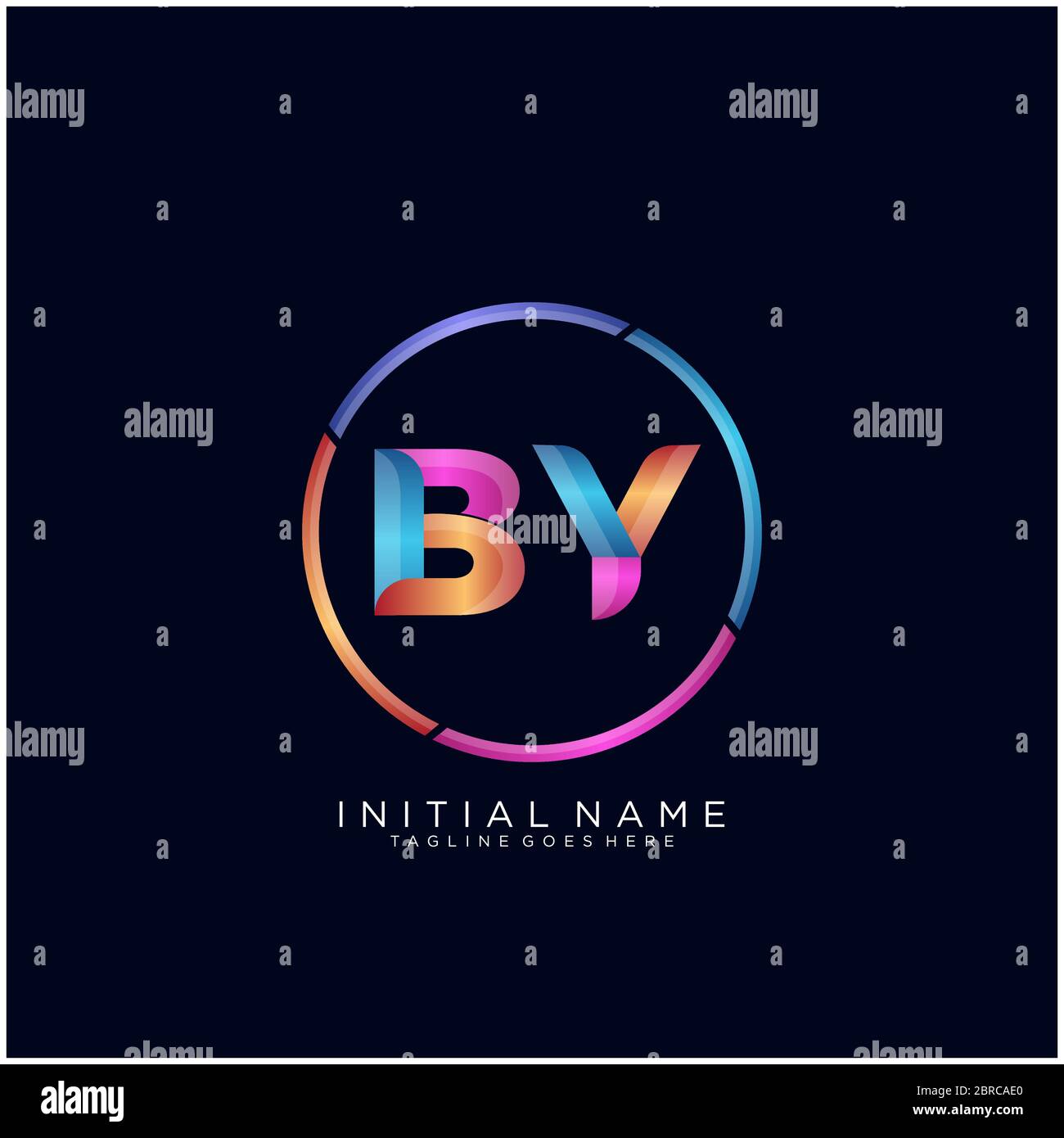 Initial letter BY curve rounded logo, gradient vibrant colorful glossy colors on black background Stock Vector