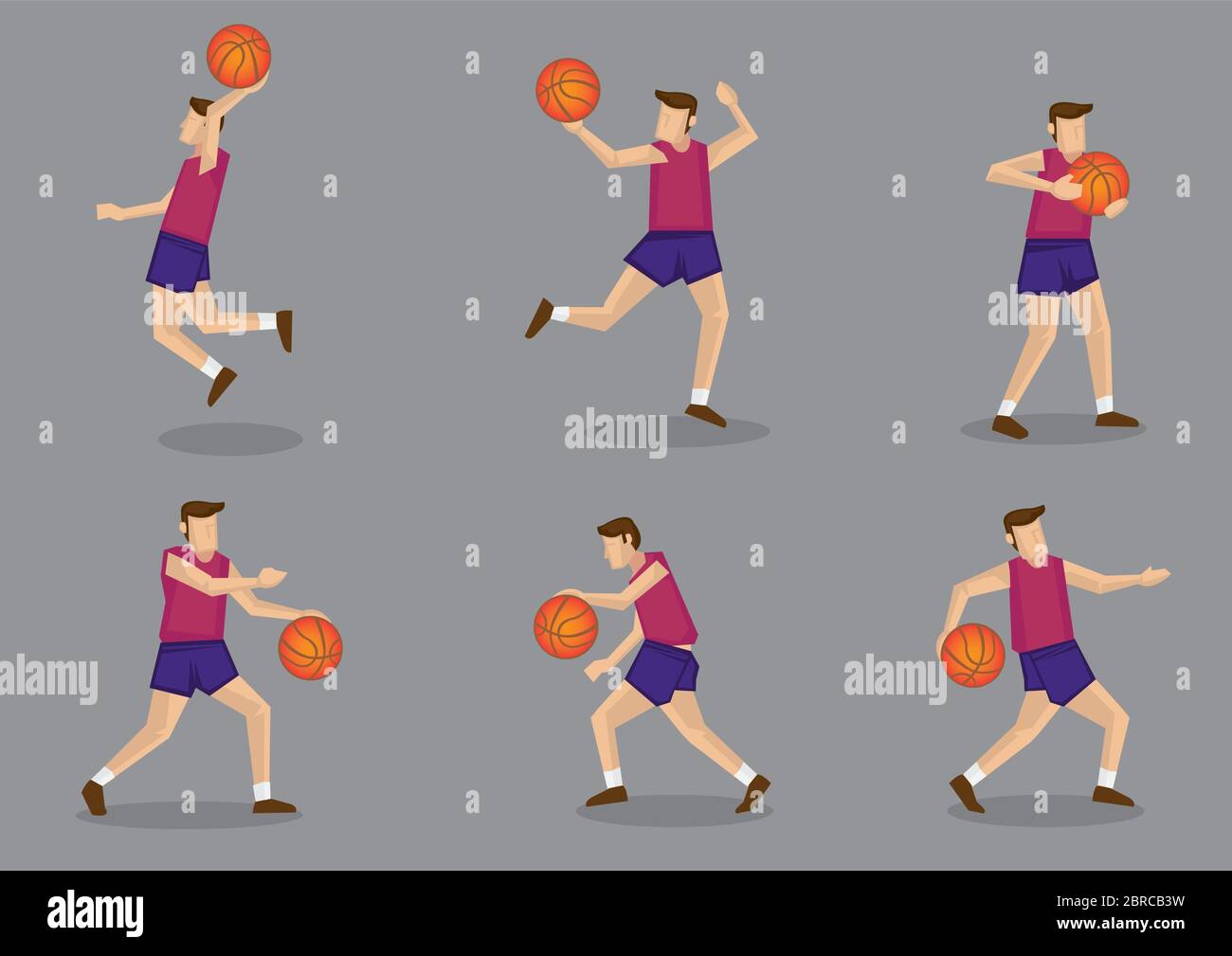 Set of six poses of a sporty basketballer playing basketball vector illustration isolated on grey background. Stock Vector