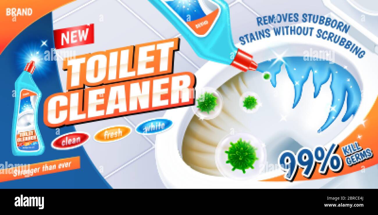 Detergent removing stains effect, Toilet cleaner banner ads in 3d