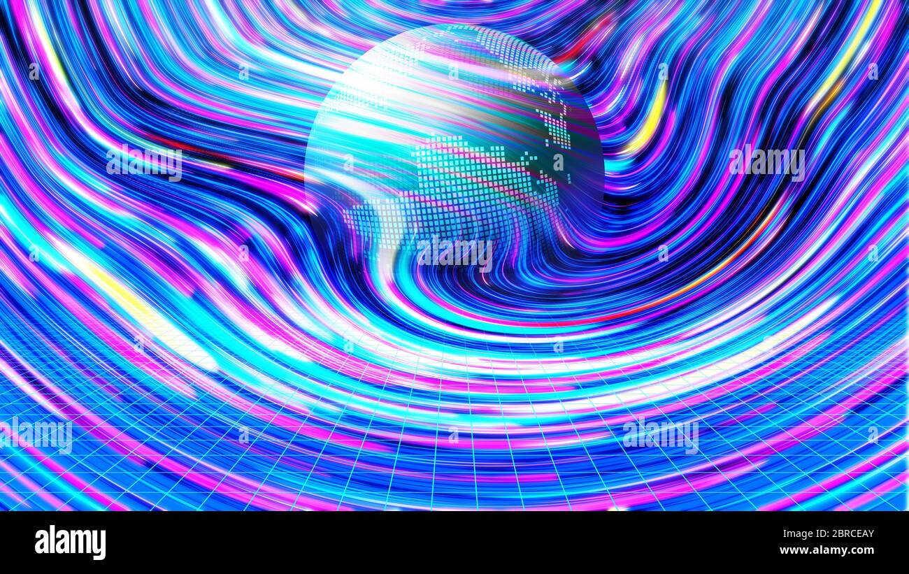Fantasy planet and holographic metal foil rainbow wave, flowing liquid fractal abstract texture, retro 80s retro cyberpunk style. Stock Photo