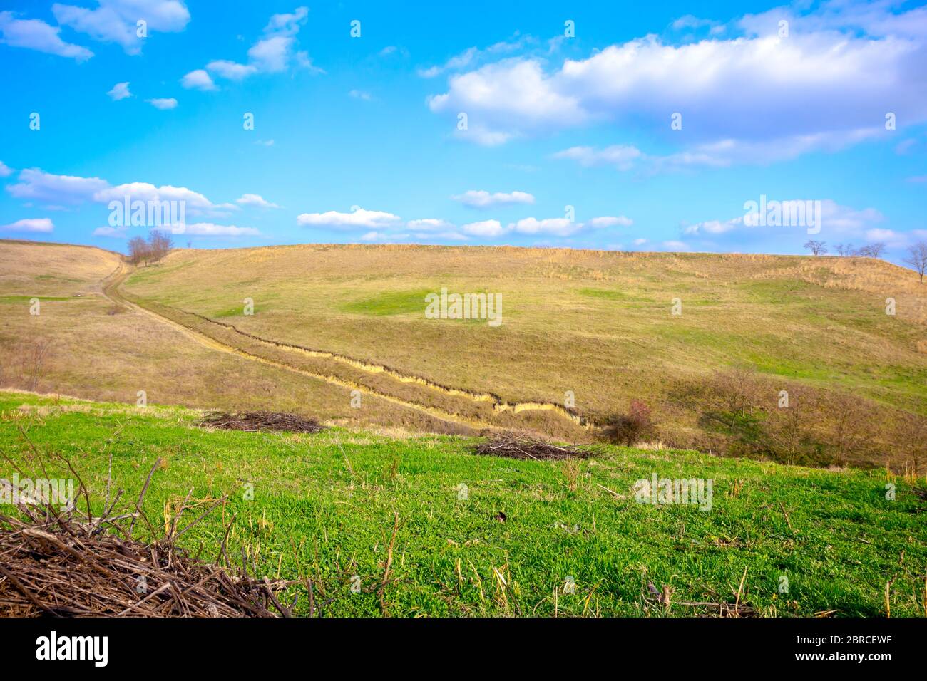 Beautiful scene of green hilly landscape and blue sky with cumulus ...