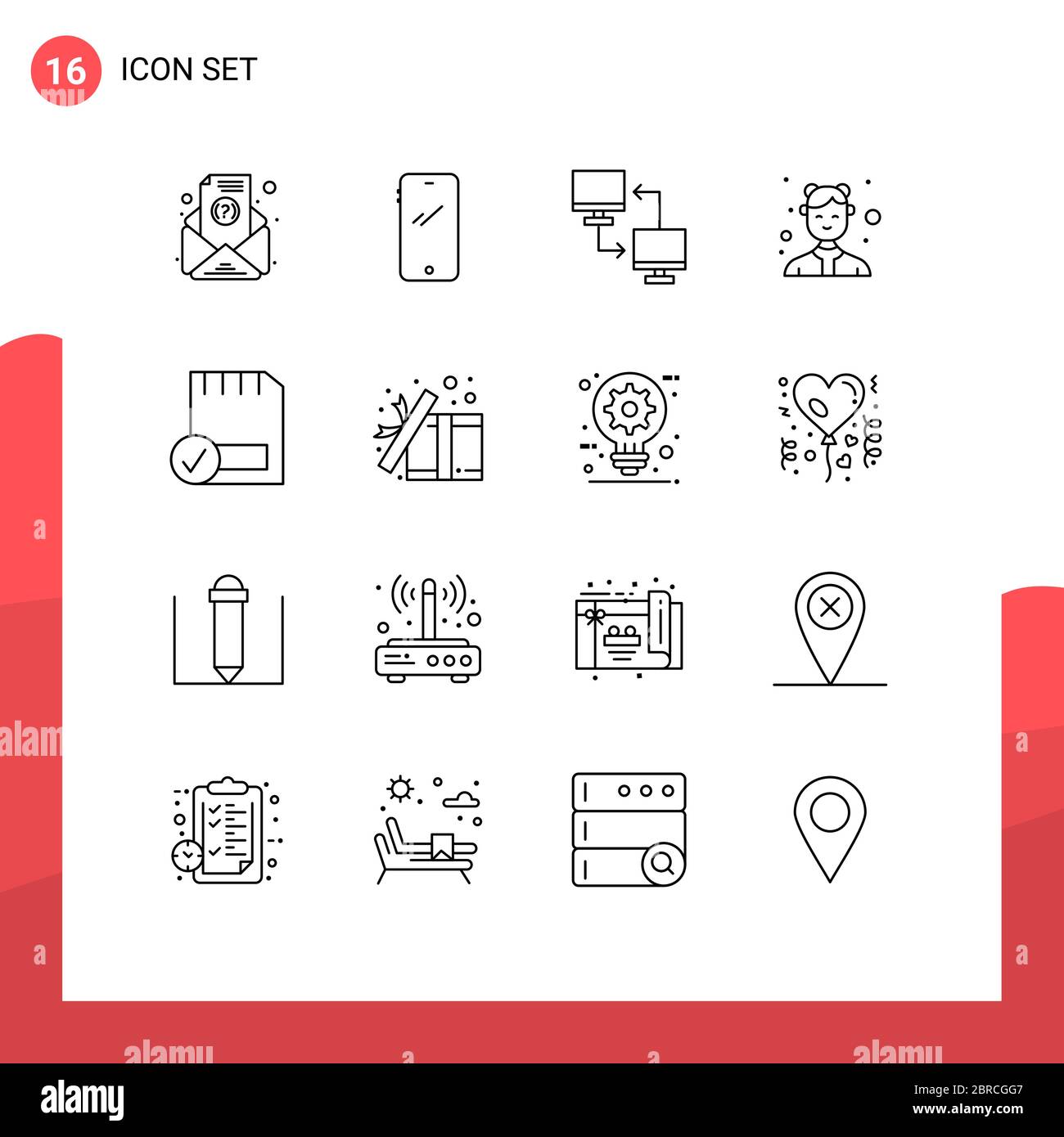 16 Outline concept for Websites Mobile and Apps work, female, computer, catering, transfer Editable Vector Design Elements Stock Vector
