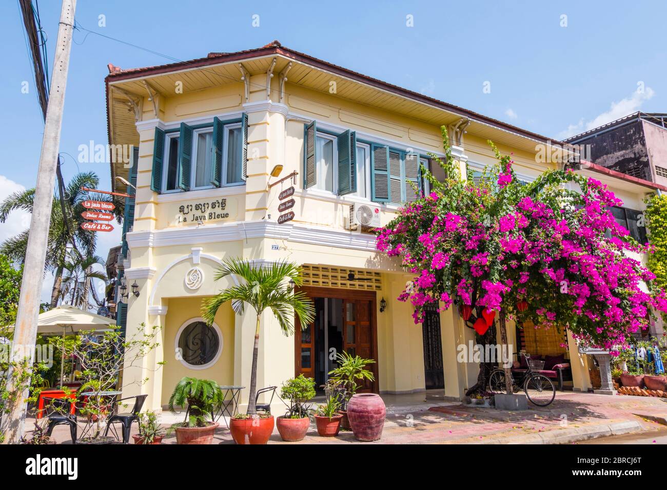 La Java Bleue, hotel and restaurant, old town, Kampot, Cambodia, Asia Stock Photo