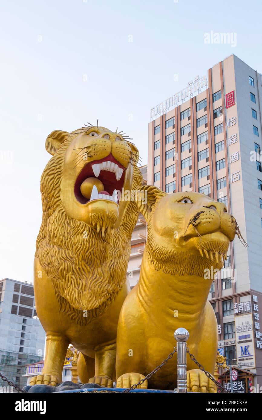 Golden Lions, Golden Lions Roundabout, Sihanoukville, Cambodia, Asia Stock Photo