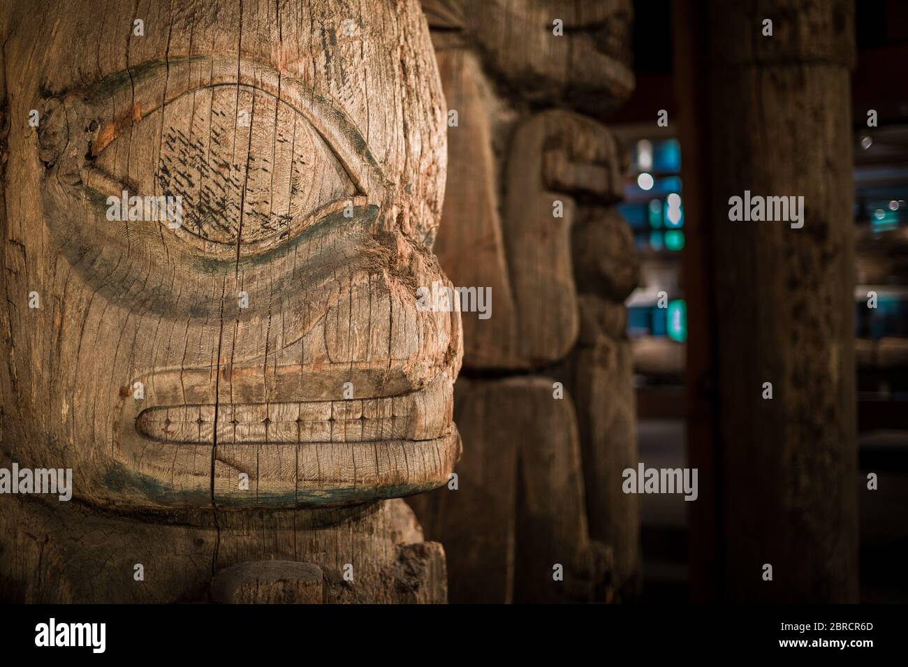 Totem poles on display in Totem Heritage Center, Ketchikan Museums, Ketchikan, Alaska, USA. Stock Photo