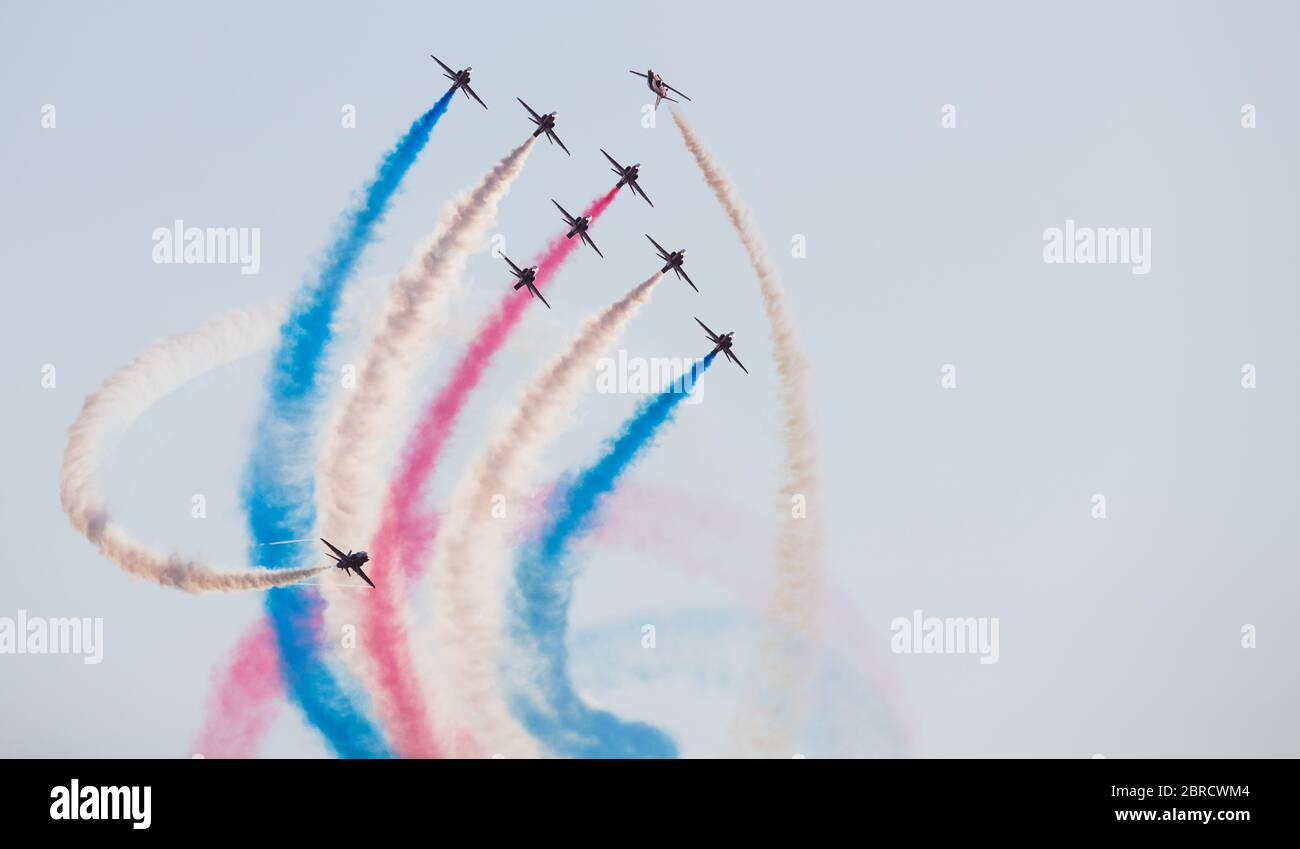 Red Arrows at the Southport airshow one evening in July 2017. Stock Photo