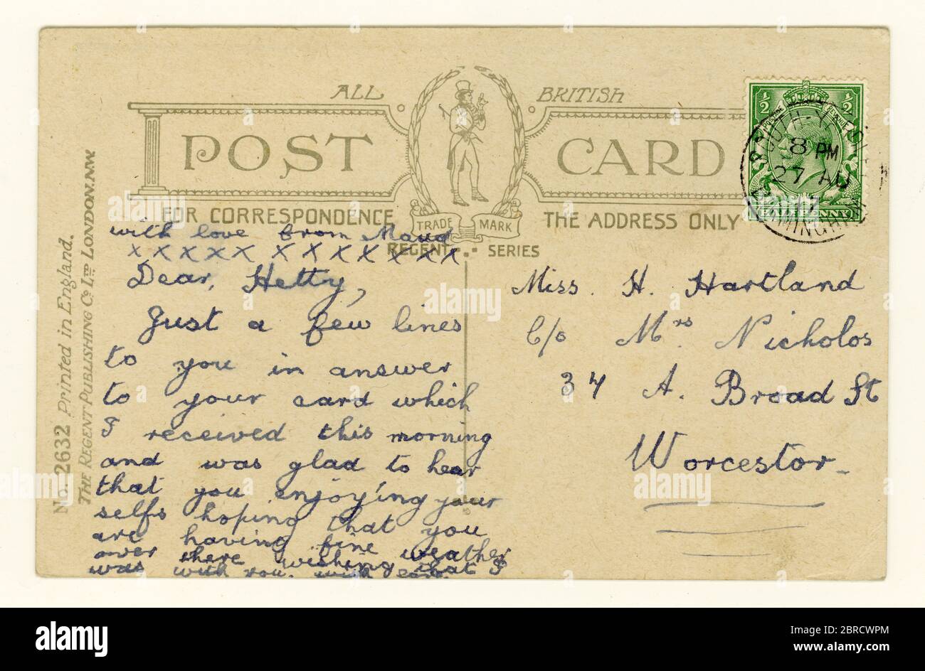 Reverse of WW1 era  postcard, green King George V 1/2 d (half pence / penny) stamp - posted 17 Aug. 1917 Stock Photo