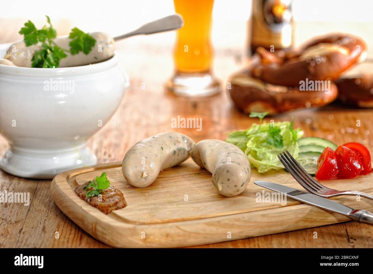 Munich Weisswurst breakfast with pretzels and wheat beer, Germany Stock Photo