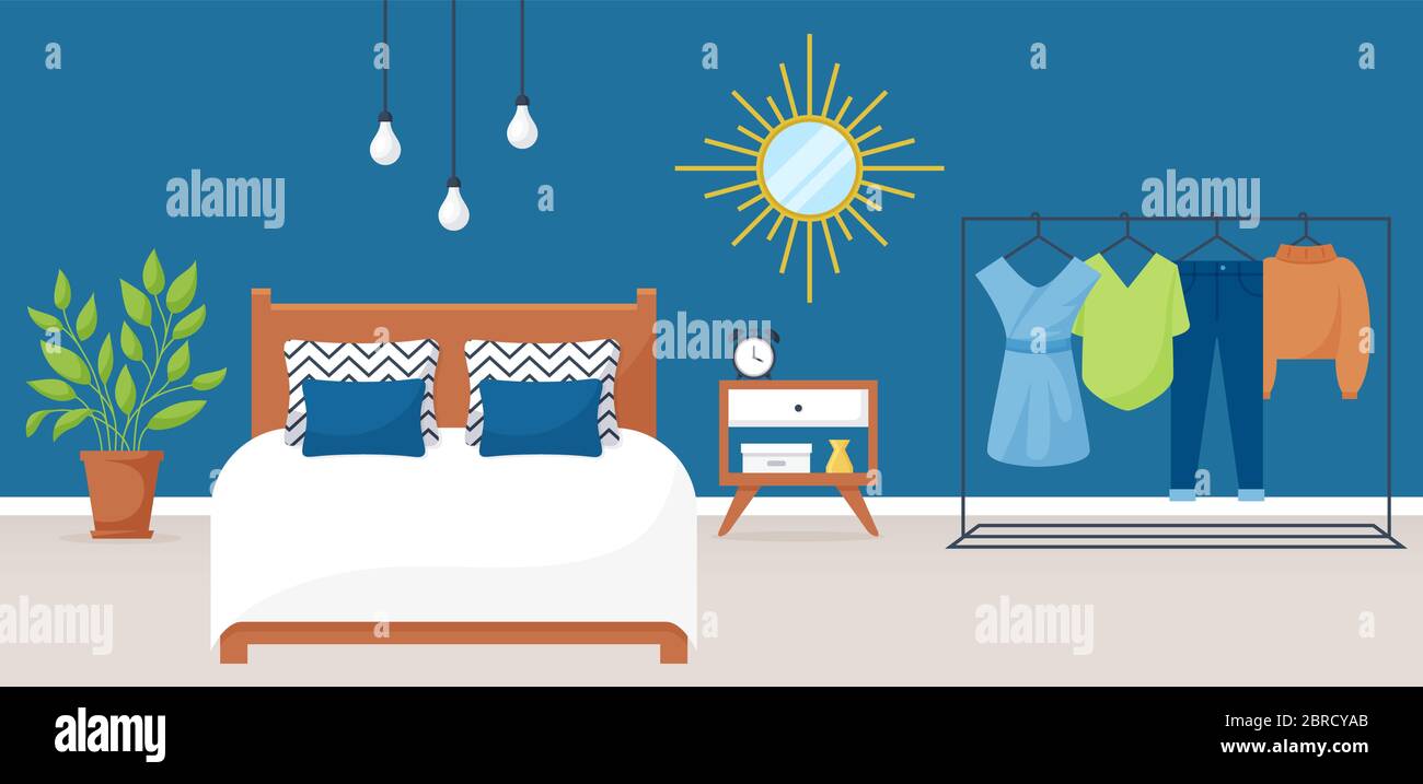Bedroom interior. Horizontal vector banner. Design of a trendy home room with double bed, bedside table, clothes rack, mirror and decor accessories. Stock Vector