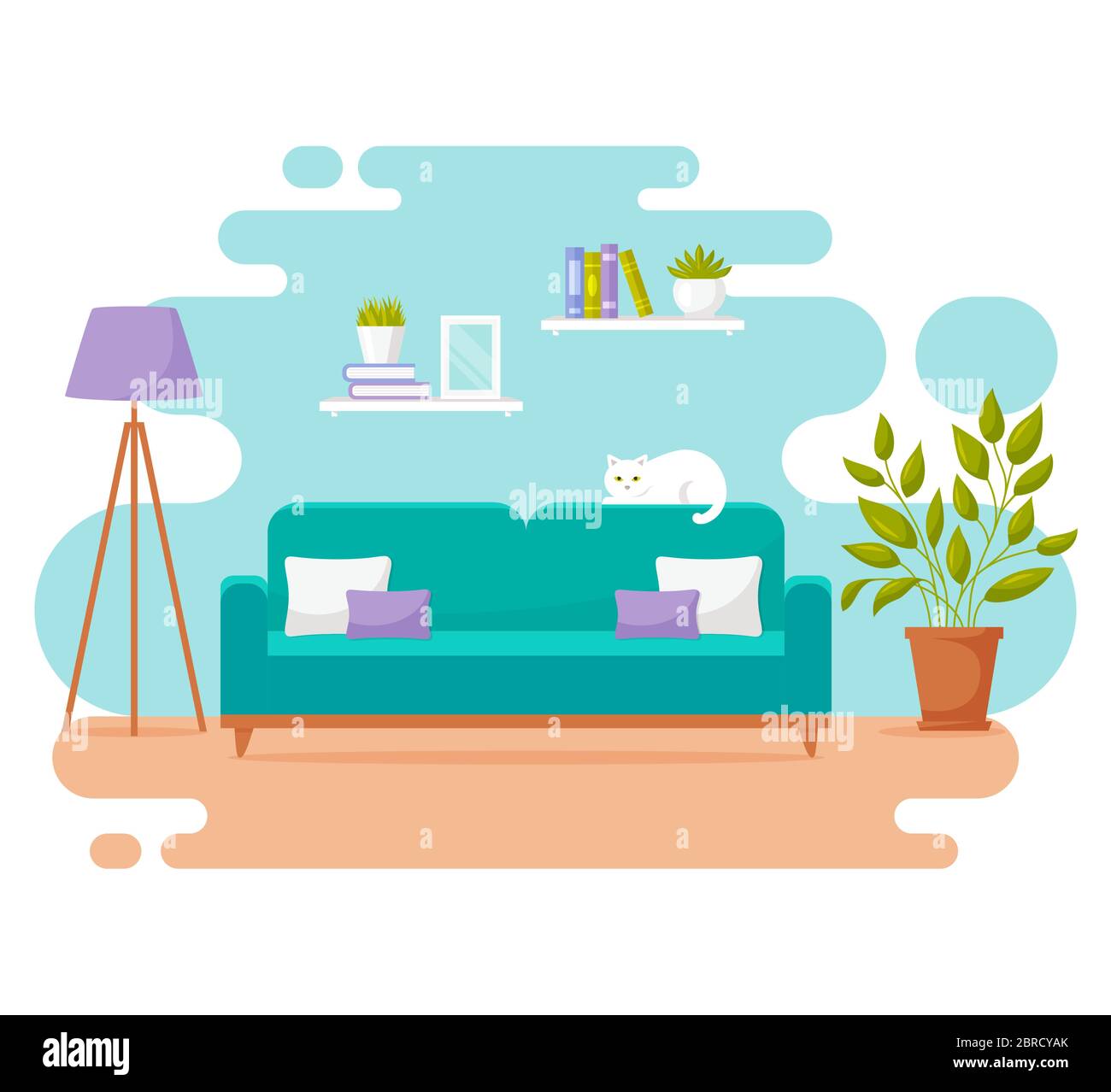 Living room interior banner. Vector design of a cozy room with sofa, floor lamp, cute cat, and decor accessories. Home illustration isolated on white. Stock Vector