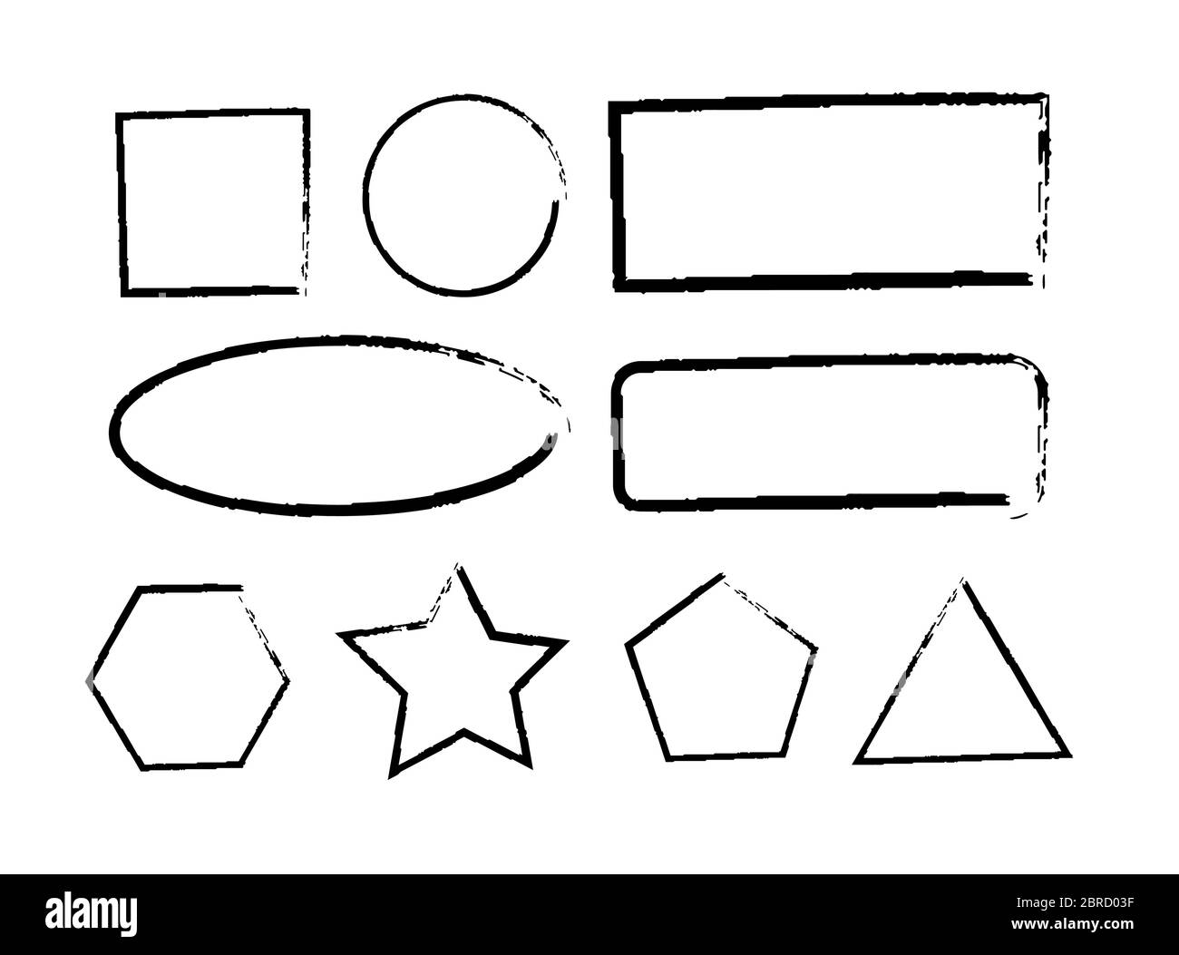 Frame set, hand drawing brush lines. Geometrical linear shapes. Chalked, scratched black lines. Isolated vector simple shapes on white background Stock Vector