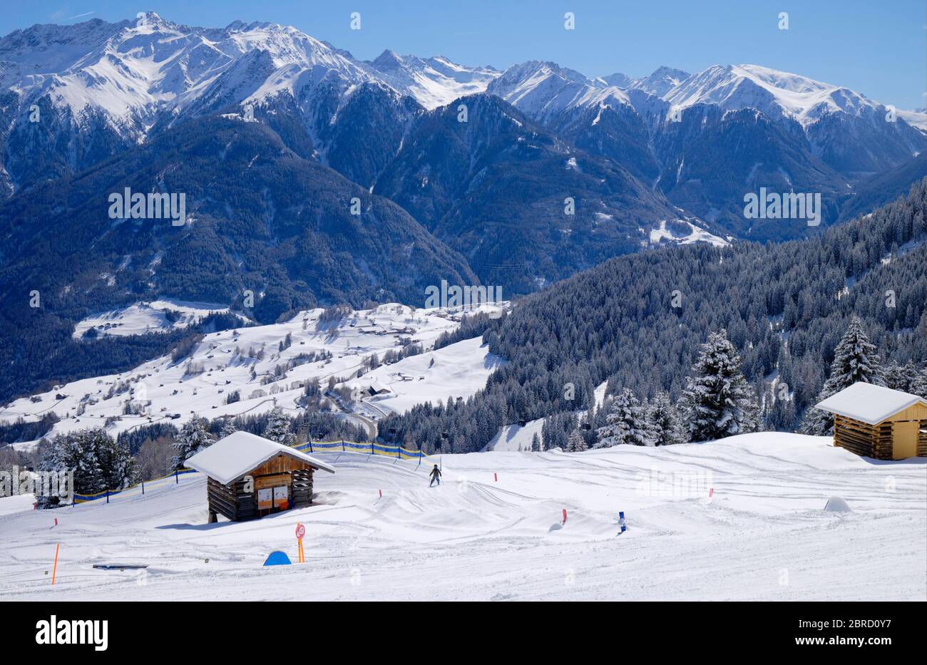 Long meadow downhill run, ski area Serfaus Fiss Ladis, Tyrol, Austria Stock Photo