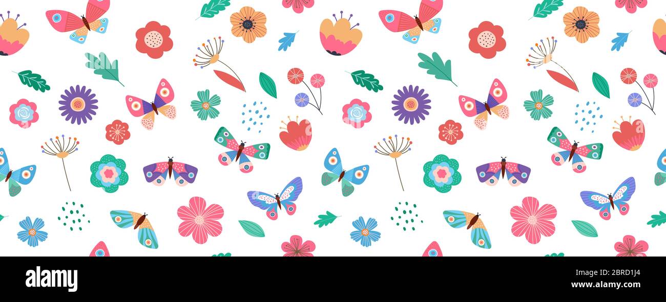 Summer seamless pattern, banner with butterflies and flowers  Stock Vector