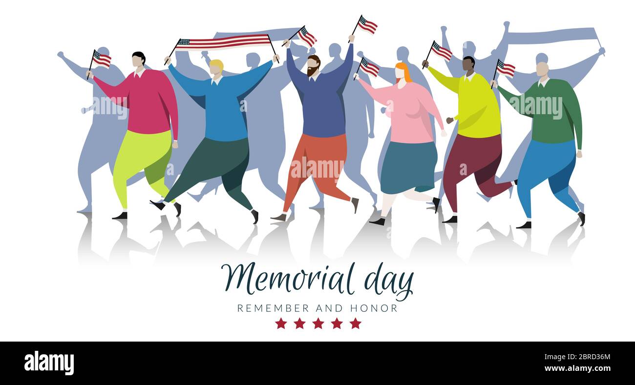 American people participants carrying the America flag waved while memorial day parade. vector background banner for memorial day celebration isolated Stock Vector