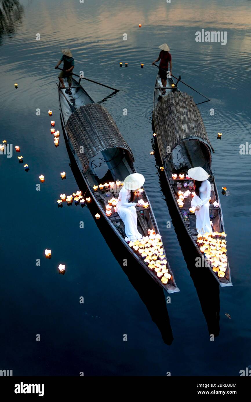 Hue City, Vietnam May 8, 2020 Two Vietnamese girls with wihte