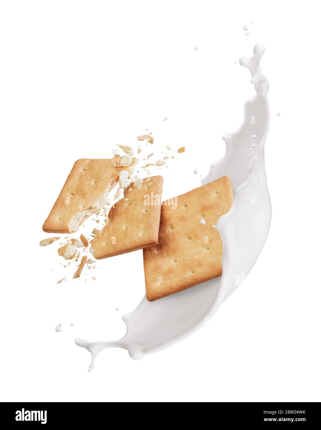 broken crackers with milk splash isolated on white Stock Photo