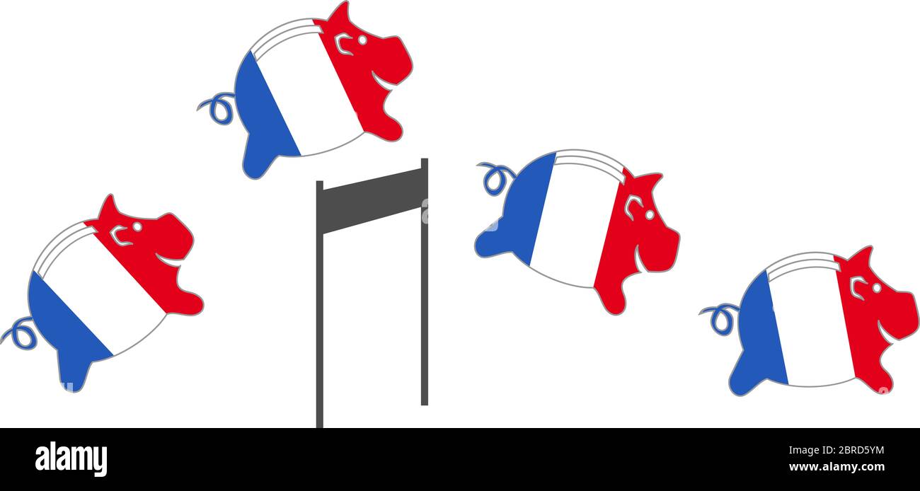 Piggy banks in the shape of a pig in the colour of the French flag are