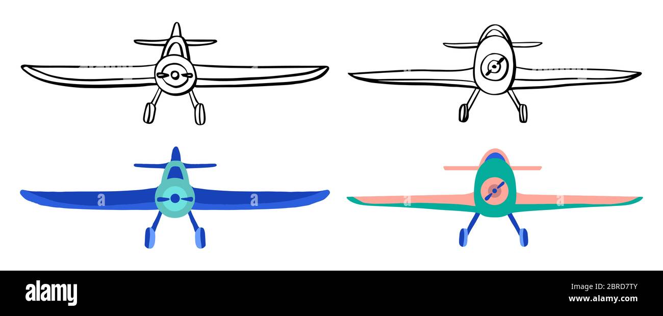 Set Airplane in hand drawn doodle and cartoon style isolated on white background. Set of agricultural aircraft vector outline, silhouette and colored Stock Vector