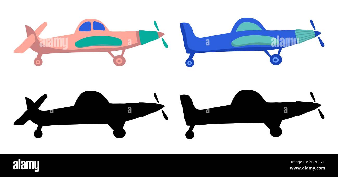Set colored and black silhouette Airplane in doodle style isolated on white background. Set of agricultural aircraft vector outline icons for kids pla Stock Vector