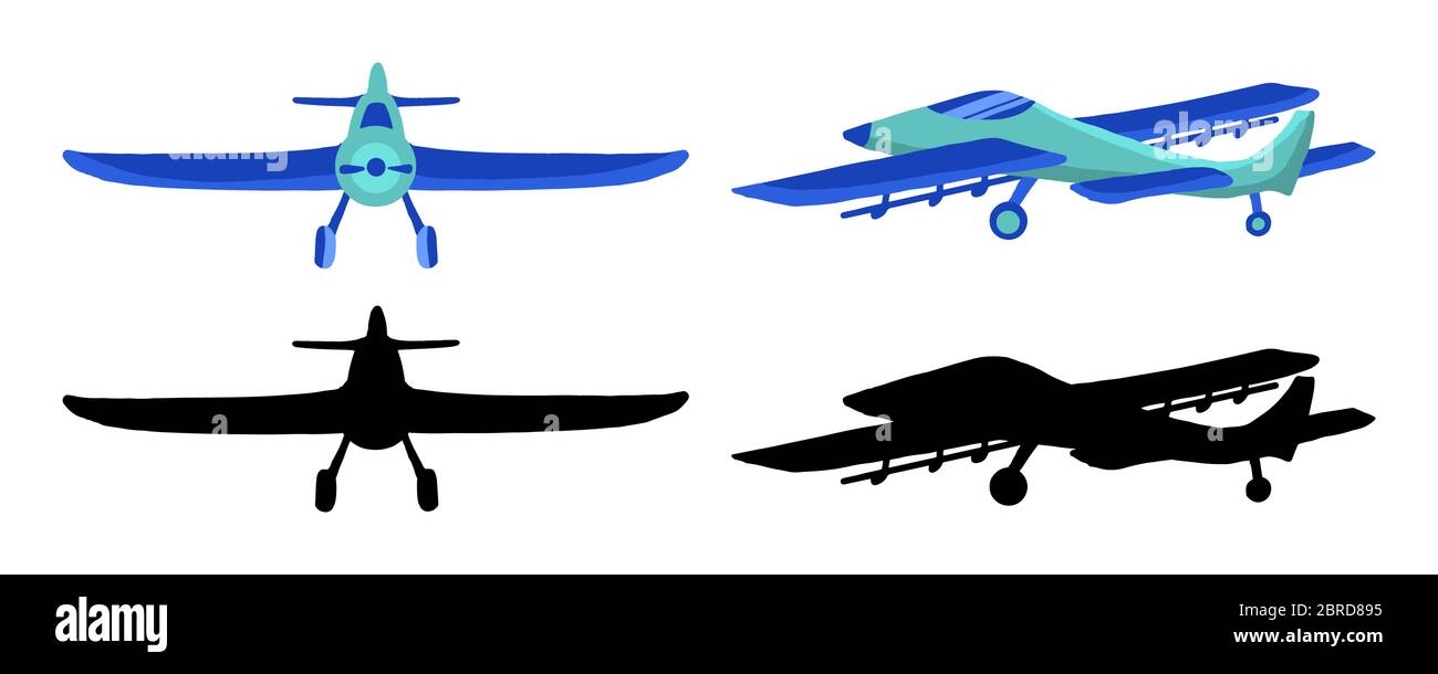 Set colored and black silhouette Airplane in doodle style isolated on white background. Set of agricultural aircraft vector outline icons for kids pla Stock Vector