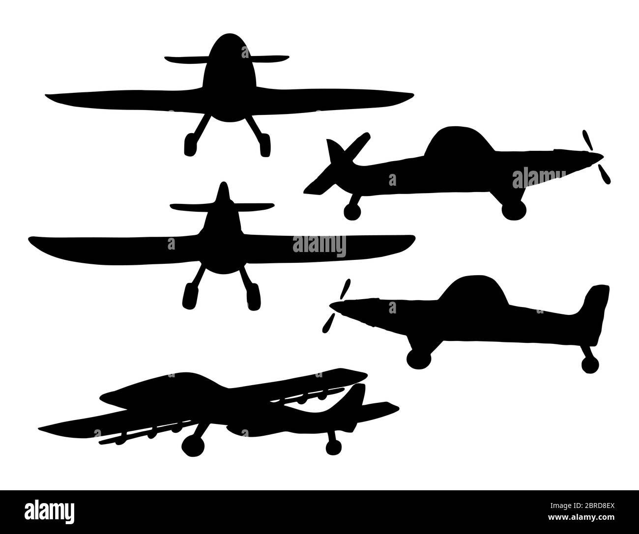 Set silhouette Airplane in doodle style isolated on white background. Set of agricultural aircraft vector outline icons for kids playing, web design, Stock Vector