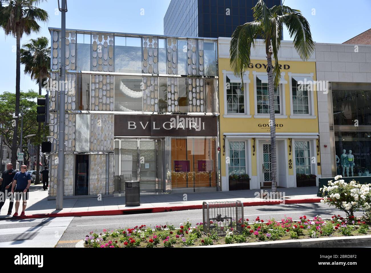 Beverly Hills, CA/USA - May 8, 2020: High end luxury stores closed on Rodeo Drive during COVID-19 quarantine Stock Photo