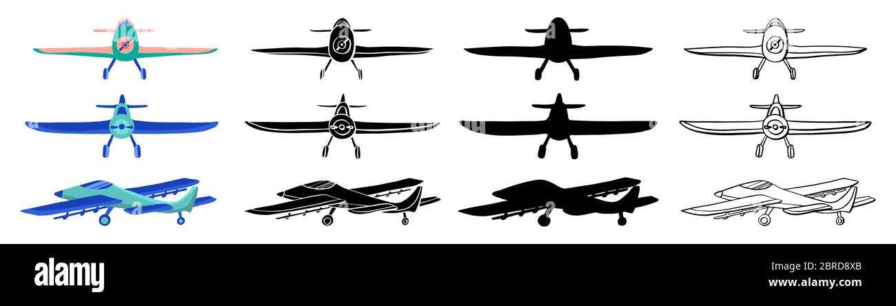 Set Airplane in hand drawn doodle and cartoon style isolated on white background. Set of agricultural aircraft vector outline, silhouette and colored Stock Vector