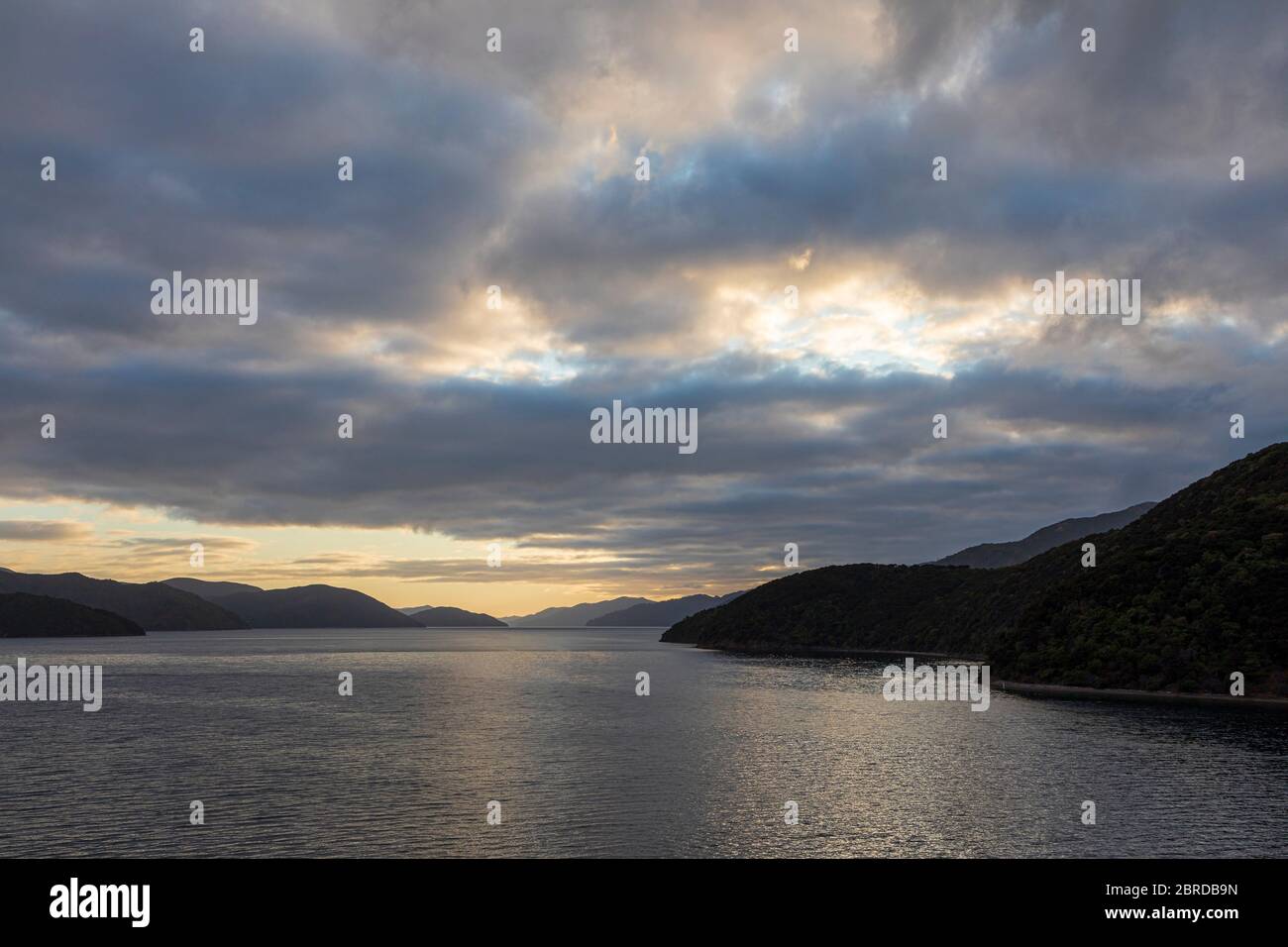 Sunrise in Queen Charlotte Sound from the Cook Strait Ferry, Marlborough Sounds, Marlborough, South island, New Zealand Stock Photo