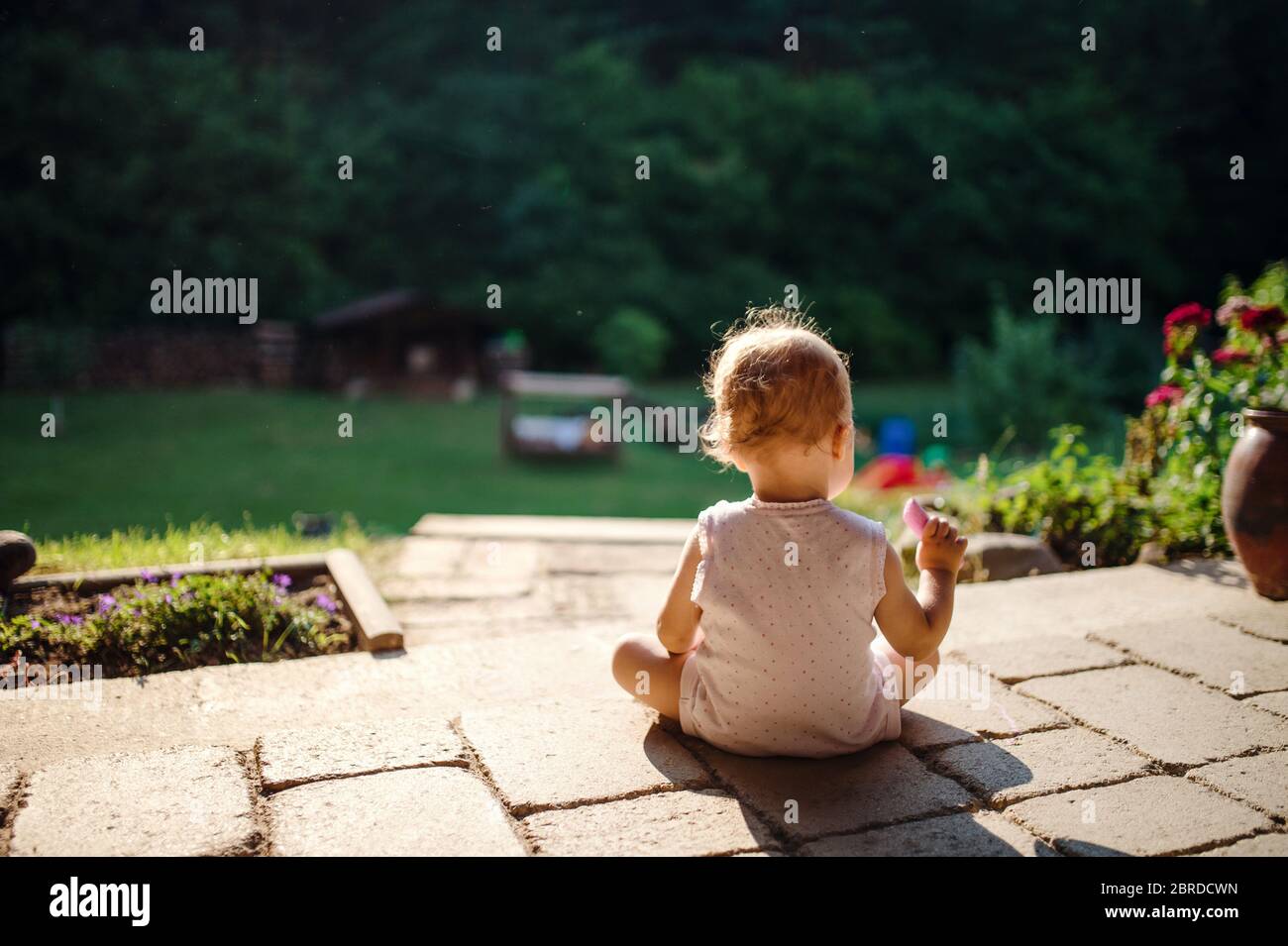 A rear view of toddler girl sitting outdoors on patio in summer. Stock Photo