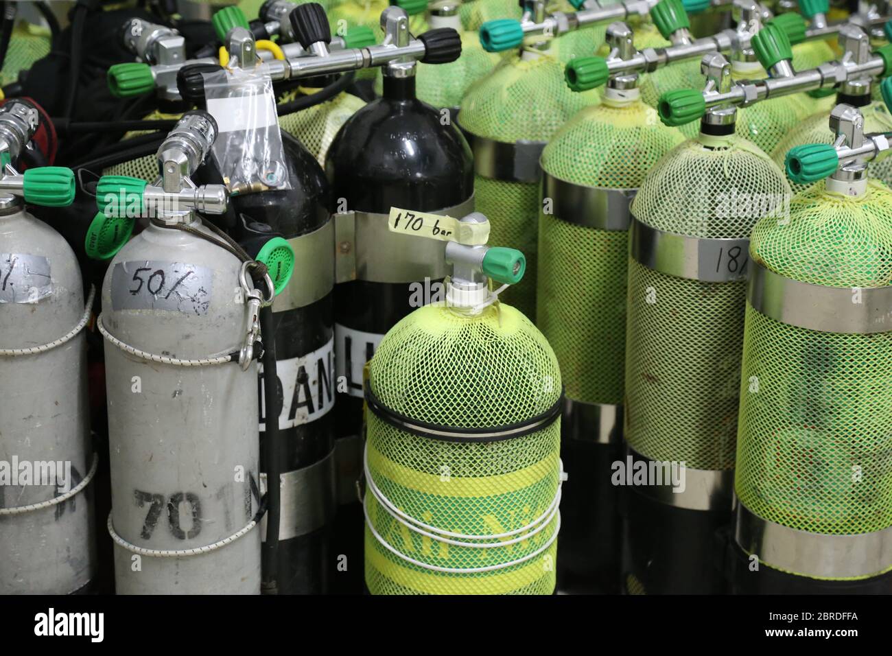 Scuba air tanks lined up to be filled in a diving centre Stock Photo Alamy