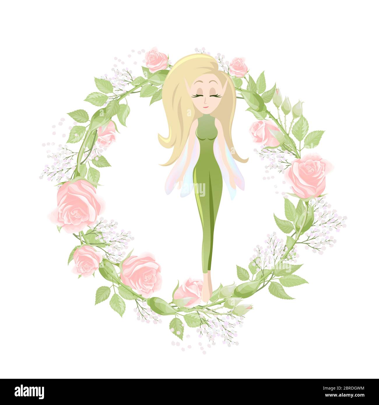 Cute little fairy tale girls in postcard wreath with cream pink rose flowers Stock Vector