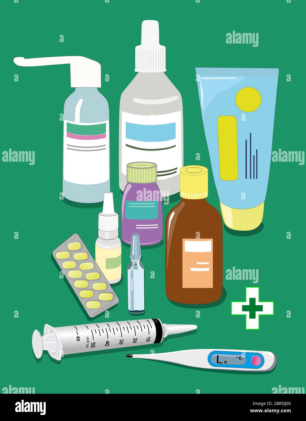 The flat pattern of the drugs. Medical tablets and vials.Thermometer to
