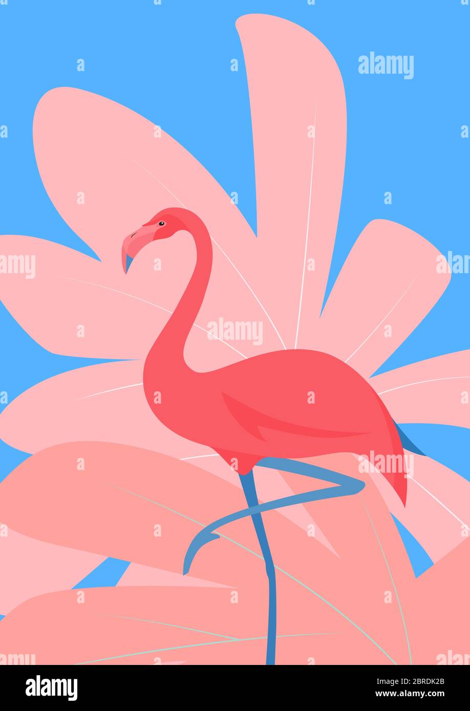 Pinkl Flamingo and Tropical Leaves Vector Illustration Stock Vector