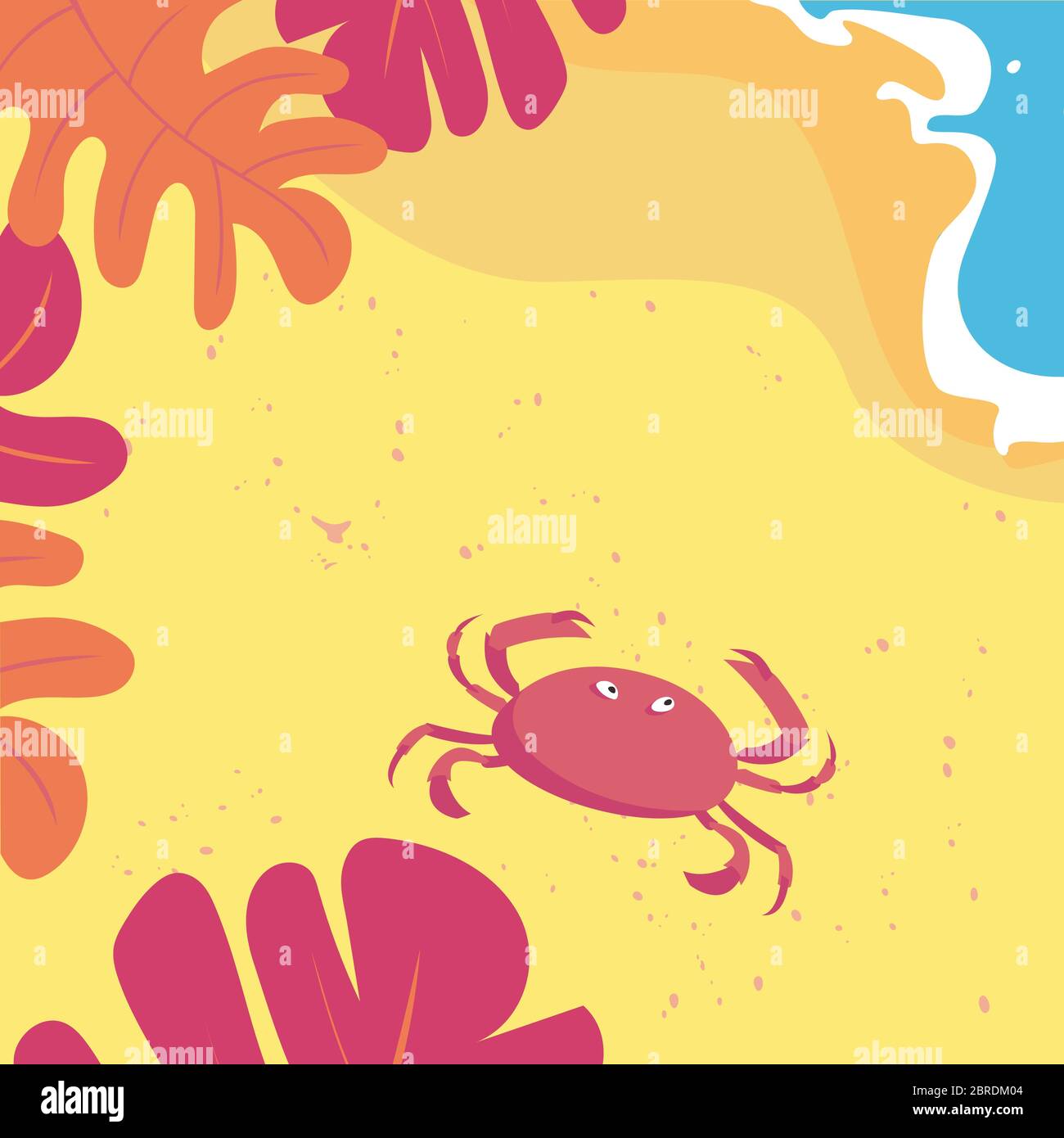 Vector illustration of a tropical beach shoreline with a cute crab on the sand. Stock Vector